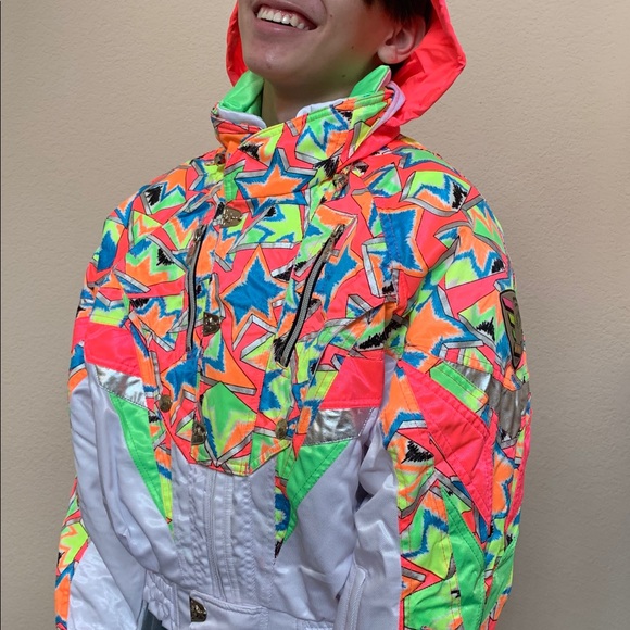 Team Phenix White Neon 80s Ski Jacket Small Medium - Picture 15 of 16